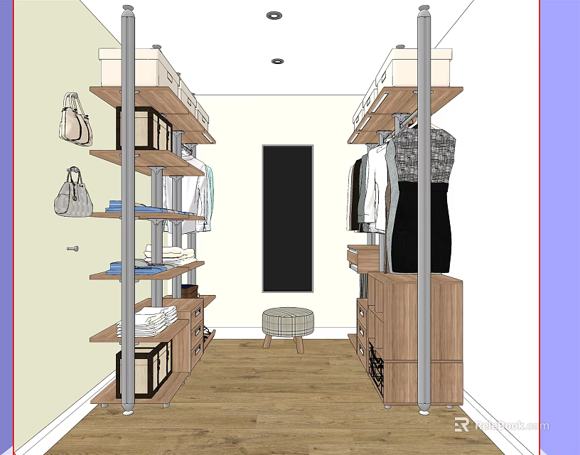 Modern Wardrobe Interior With Shelves Hanging Clothes Storage Boxes Bags Mirror And Stool 3d model 
