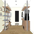 Modern Wardrobe Interior With Shelves Hanging Clothes Storage Boxes Bags Mirror And Stool
