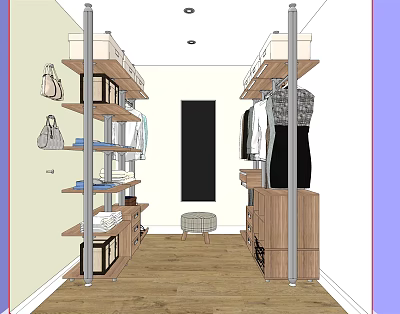 Modern Wardrobe Interior With Shelves Hanging Clothes Storage Boxes Bags Mirror And Stool 3d model