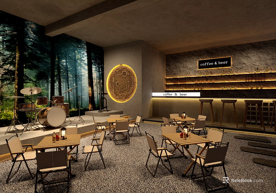 Modern Bar Interior With Forest Mural Wooden Counter Round Wall Art And Seating 3d model 