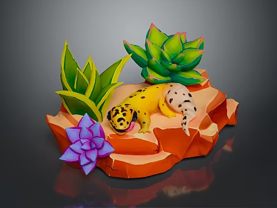 Yellow Spotted Reptile Resting On Orange Rock With Green Succulents And Purple Flower 3d model