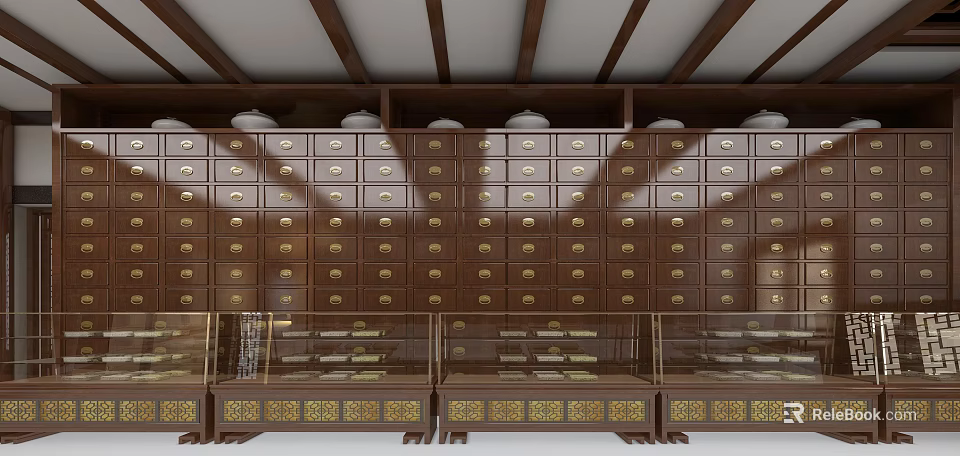 Traditional Herbal Medicine Store With Wooden Drawers Golden Handles And Glass Display Cases 3d model 
