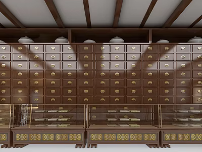 Traditional Herbal Medicine Store With Wooden Drawers Golden Handles And Glass Display Cases 3d model