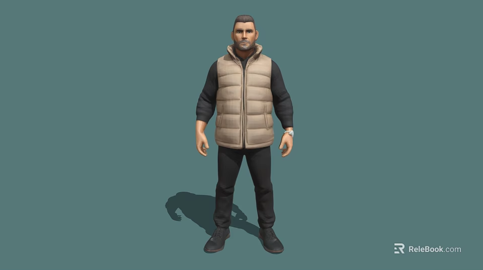 A Man Wearing Beige Puffer Vest Black Long Sleeve Top Black Pants and Gray Background 3d model 