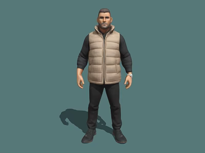 A Man Wearing Beige Puffer Vest Black Long Sleeve Top Black Pants and Gray Background 3d model