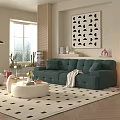 Green Tufted Two Seater Sofa With White Round Coffee Table And Geometric Rug