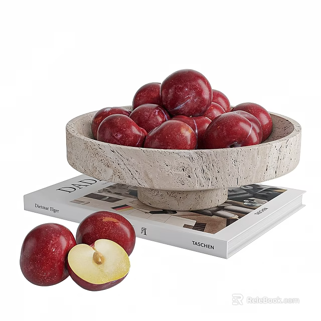 Fresh Red Plums in Stone Bowl on Books with Halved Fruit 3d model 