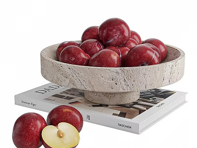 Fresh Red Plums in Stone Bowl on Books with Halved Fruit 3d model