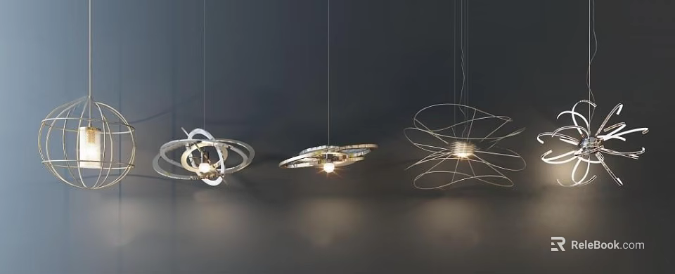Three Modern Metal Chandeliers With Different Circular And Linear Structures Illuminated Lights 3d model