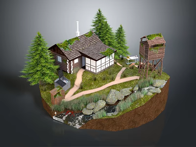 Cartoon Scene with Small House Pine Trees Wooden Water Tower Winding Path and Stream 3d model