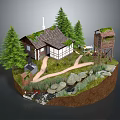 Cartoon Scene with Small House Pine Trees Wooden Water Tower Winding Path and Stream