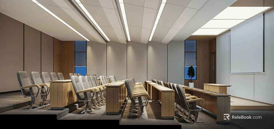 School Classroom Interior With Wooden Desks Chairs And Ceiling Lighting 3d model 