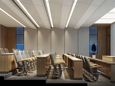School Classroom Interior With Wooden Desks Chairs And Ceiling Lighting 3d model
