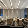 School Classroom Interior With Wooden Desks Chairs And Ceiling Lighting