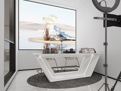 Modern Public Office Space Interior With White Desk Metal Chairs And Round Decorative Rug 3d model