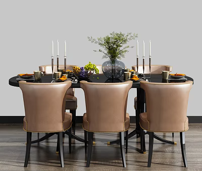 Modern Round Dining Table Set With Light Brown Chairs Green Plant Candles And Tableware 3d model