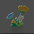 Colorful Cartoon Flowers Design With Yellow Blue White Petals And Green Stems Leaves