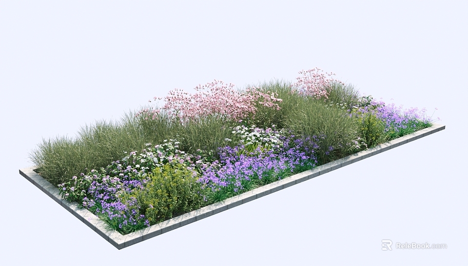 Flower Bed and Flower Pot with Pink Purple White Flowers and Green Grass 3d model 