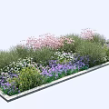Flower Bed and Flower Pot with Pink Purple White Flowers and Green Grass