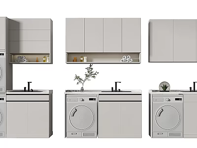 Modern Bathroom Cabinetry Design With Gray Storage Units And Washing Machine 3d model