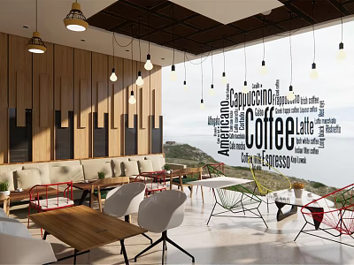 Modern Café Interior With Coffee Themed Wall Wooden Walls Hanging Lights And Mixed Chairs 3d model