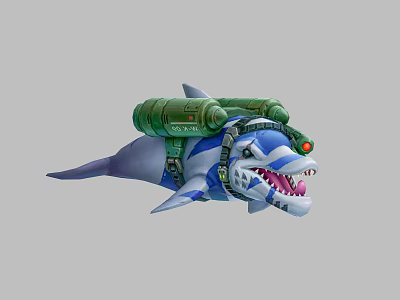 Mechanical Shark Creature With Green Backpack Equipment Blue White Body Red Eye And Sharp Teeth 3d model