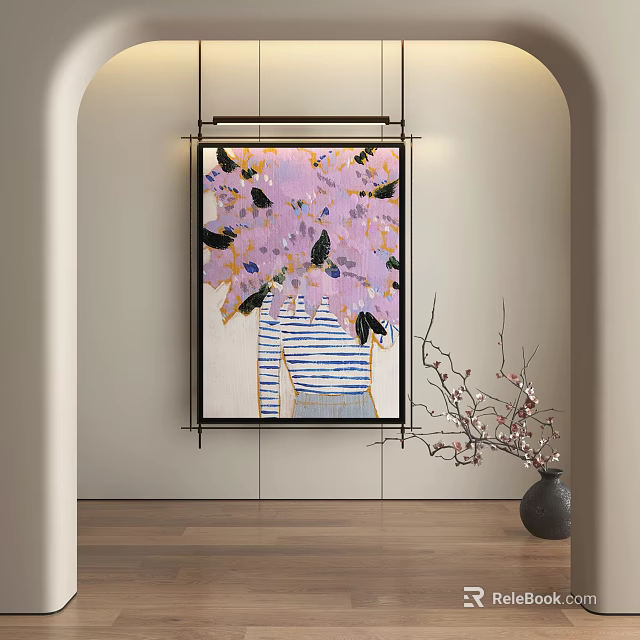 Abstract Painting With Purple Pink Hues And Black Shapes Featuring Striped Figure Wall Art 3d model 