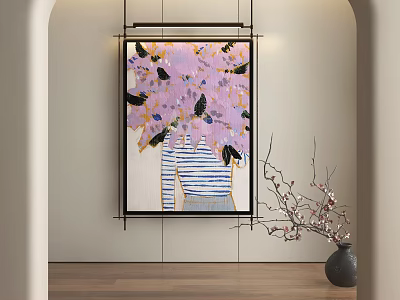 Abstract Painting With Purple Pink Hues And Black Shapes Featuring Striped Figure Wall Art 3d model