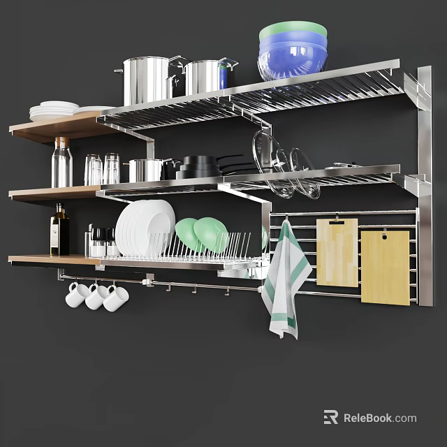 Stainless Steel Kitchenware Storage Rack With Plates Cups Pans And Cutting Boards 3d model