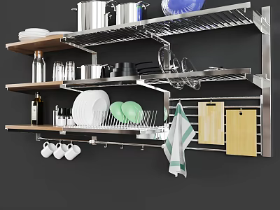 Stainless Steel Kitchenware Storage Rack With Plates Cups Pans And Cutting Boards 3d model