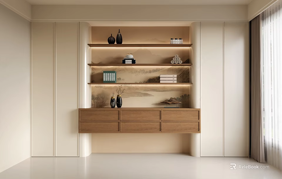Modern Built in Bookcase Design With Wooden Shelves Books Decorative Vases and Drawers 3d model 