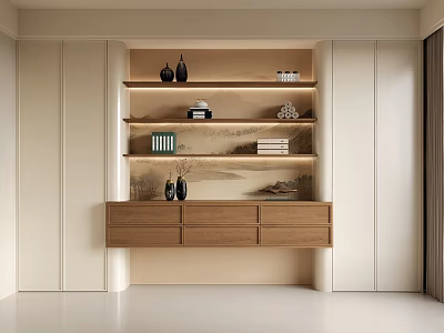 Modern Built in Bookcase Design With Wooden Shelves Books Decorative Vases and Drawers 3d model