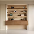 Modern Built in Bookcase Design With Wooden Shelves Books Decorative Vases and Drawers