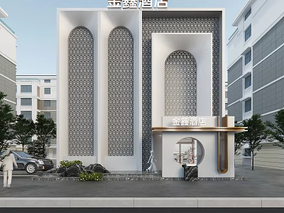 Modern Hotel Facade With Arched Designs Lattice Decorations Signboard Trees And Car 3d model