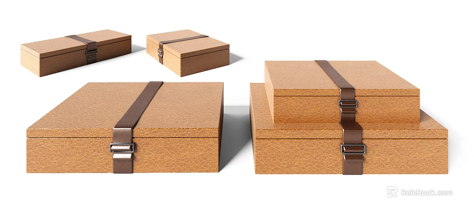 Decorative Ornament Set For Home Decor With Brown Boxes Leather Straps And Metal Buckles 3d model 