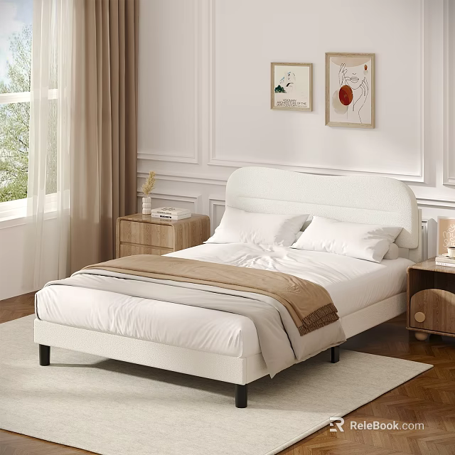 Modern Bedroom Interior With Upholstered Headboard Bed White Pillows Brown Throw Nightstands And Decorative Paintings 3d model 