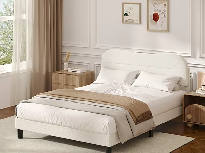 Modern Bedroom Interior With Upholstered Headboard Bed White Pillows Brown Throw Nightstands And Decorative Paintings 3d model