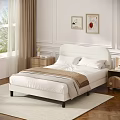 Modern Bedroom Interior With Upholstered Headboard Bed White Pillows Brown Throw Nightstands And Decorative Paintings