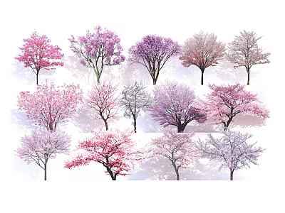 Colorful Flowering Trees With Pink Purple And White Blossoms In Spring Garden 3d model