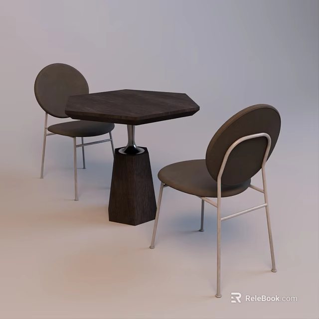 Modern Octagonal Dark Wood Table With Two Gray Chairs And Metal Legs 3d model 