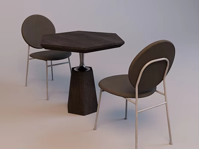 Modern Octagonal Dark Wood Table With Two Gray Chairs And Metal Legs 3d model