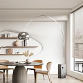Minimalist Modern Restaurant Interior With Round Dining Table Chairs Wall Shelves Plant Decor And Floor Lamp