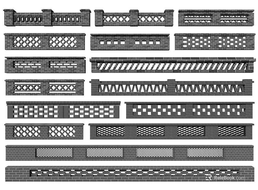 Diverse Decorative Brick Screen Wall Designs Featuring Perforated Patterns And Geometric Grille Structures 3d model