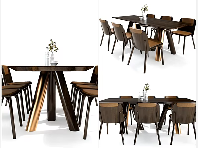 Modern Dining Table Set With Wooden Top Metal Legs And Brown Chairs 3d model