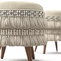 Beige Woven Stool With Tassel Accents And Wooden Legs For Home Decoration