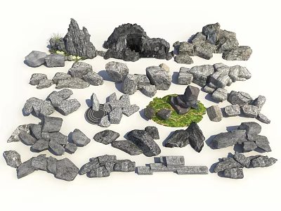 Garden Ornaments of Natural Stone with Various Shapes Sizes and Small Green Plants 3d model