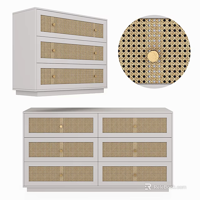 Modern White Console Side Cabinet with Rattan Drawer Panels and Gold Handles 3d model 