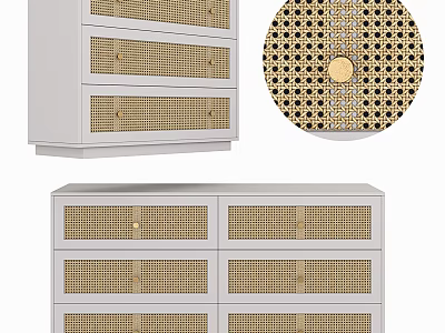Modern White Console Side Cabinet with Rattan Drawer Panels and Gold Handles 3d model