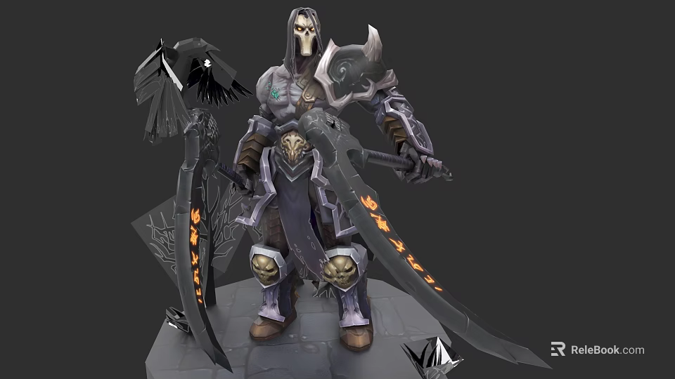Hooded Skeleton Faced Game Movie Character With Dual Swords Orange Flame Patterns And Crow Accessory 3d model 