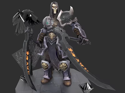 Hooded Skeleton Faced Game Movie Character With Dual Swords Orange Flame Patterns And Crow Accessory 3d model